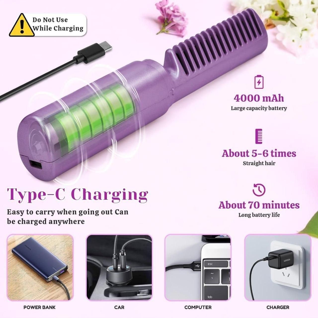 Meneflix Portable Mini Hair Straightener - Cordless Rechargeable Mini Adjustable Hair Straightener Hot Comb